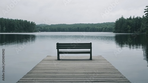 Serene Lakeside Bench on Wooden Pier Surrounded by Lush Forest and Calm Waters
