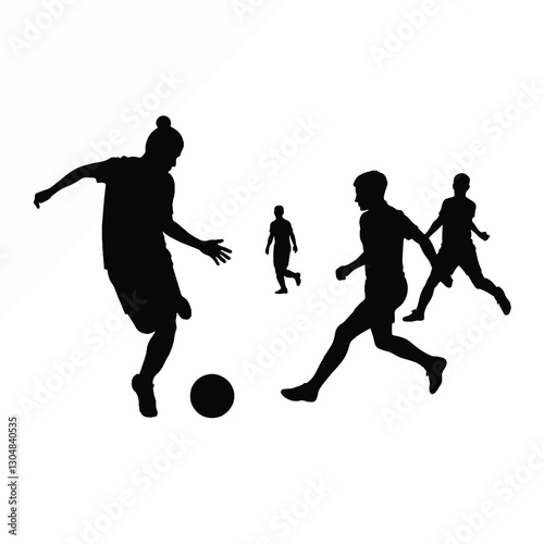 Silhouettes of soccer players dribbling and competing on field, sport