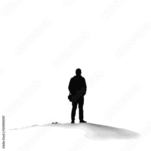 Isolated traveler standing on snowy ground, solitude in nature