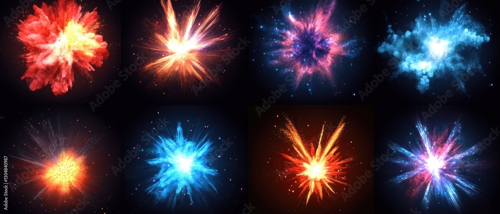 Colorful explosions on a dark background showcase cosmic energy and vibrant particle bursts in a dynamic display of abstract art and digital rendering Colorful explosions on a dark background showcase cosmic energy and vibrant particle bursts in a dynamic display of abstract art and digital rendering
