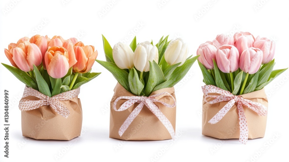 Fototapeta premium Three charming tulip bouquets in peach white and pink hues wrapped in craft paper and tied with delicate ribbons on a clean white background