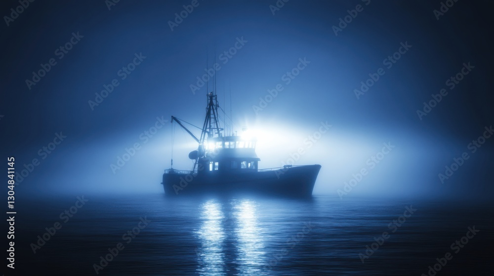 Fishing boat silhouetted in fog under blue light at dawn or dusk Fishing boat silhouetted in fog under blue light at dawn or dusk