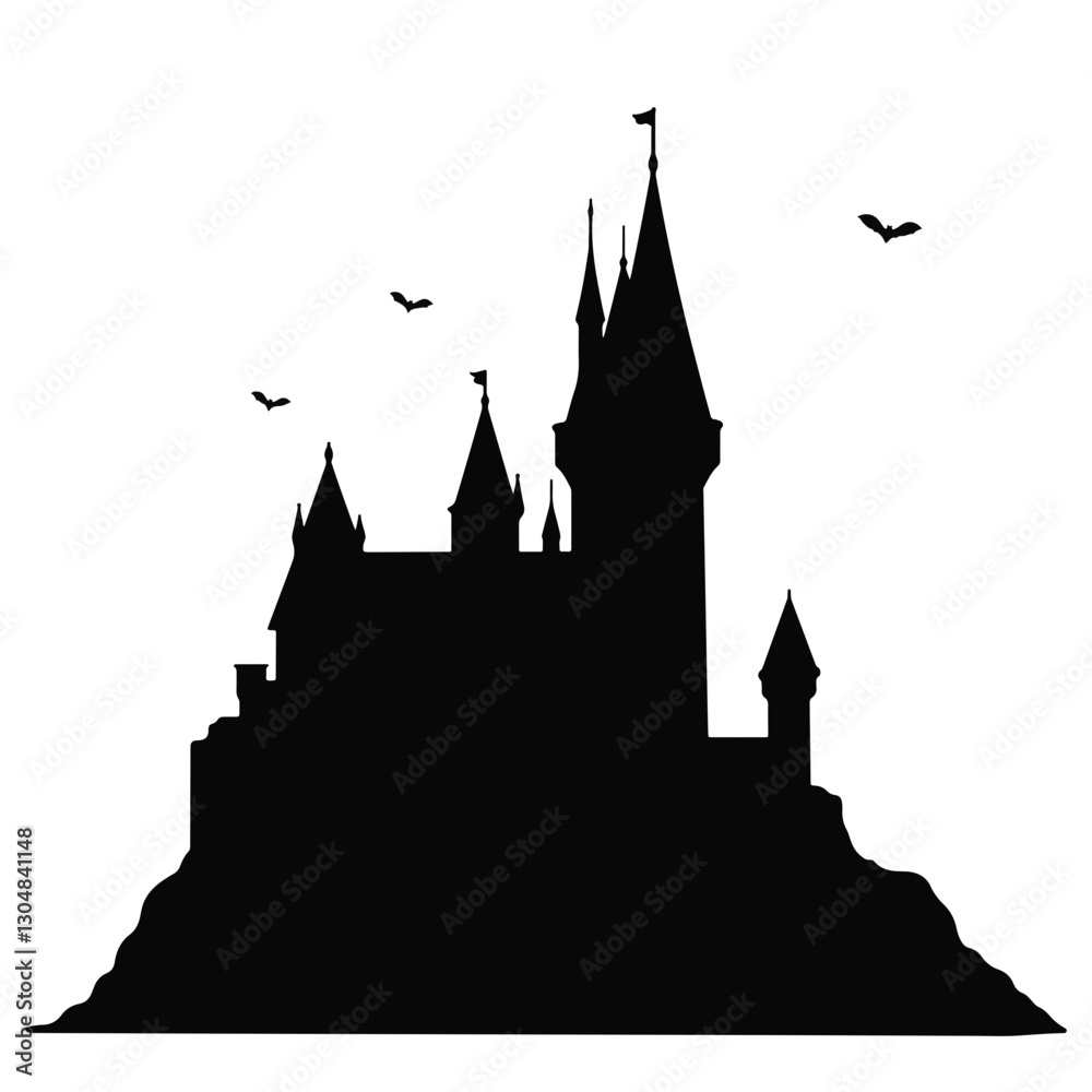 Lonely silhouette of an abandoned castle with bats, night symbolism Lonely silhouette of an abandoned castle with bats, night symbolism