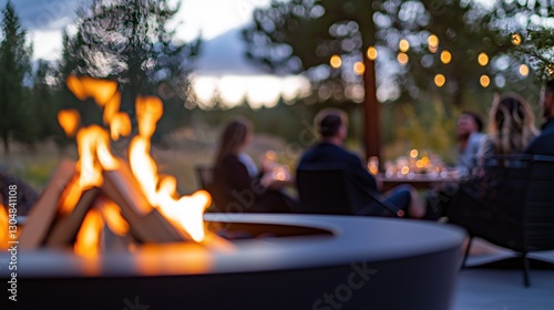 Friends enjoying an evening outdoors with a central fire pit surrounded by nature.