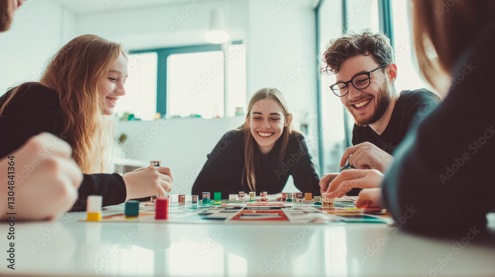 Happy multicultural friends playing board games sitting at table with card and chips. smiling young people 20s spending time together entertainment practice board game. Friendship, hobby leisure time Happy multicultural friends playing board games sitting at table with card and chips. smiling young people 20s spending time together entertainment practice board game. Friendship, hobby leisure time