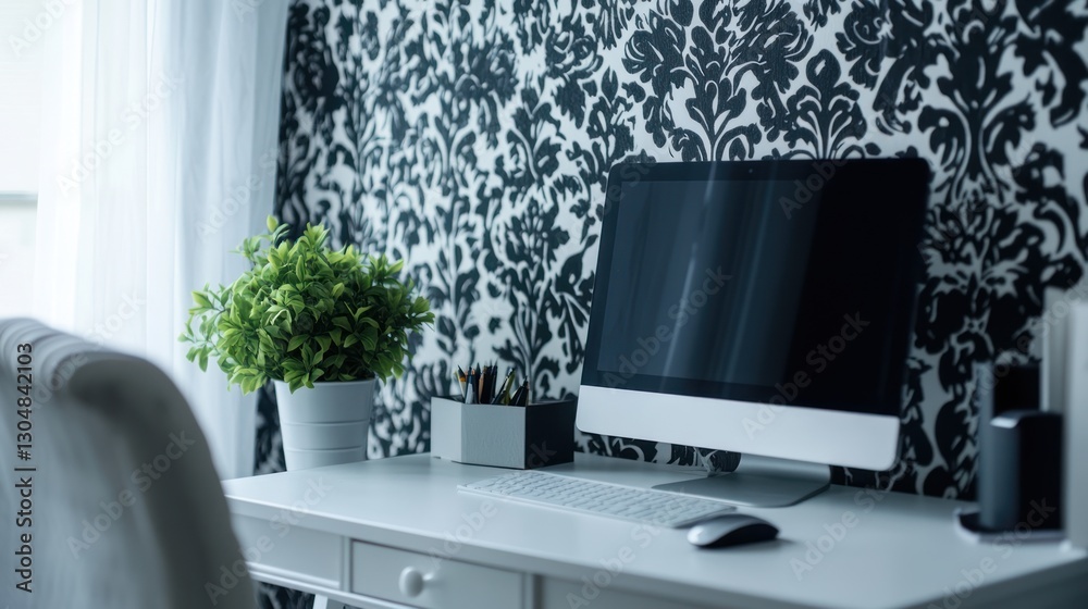Fototapeta premium Home Office Workspace with Computer, Stylish Decor