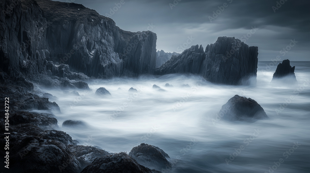 Obraz premium Stormy ocean waves crashing against jagged cliffs, monochromatic gray tones, long-exposure motion blur