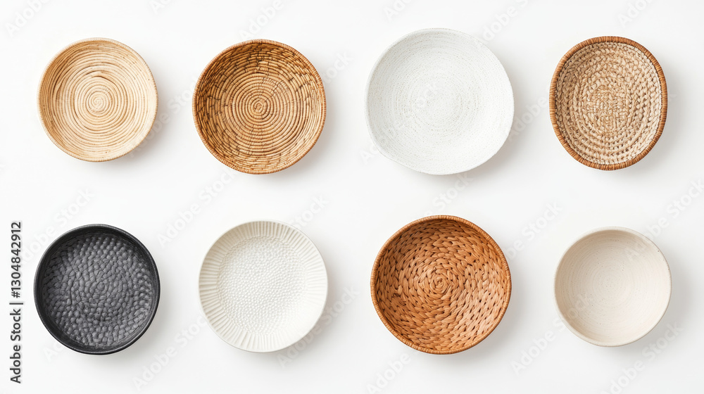 collection of woven and textured bowls in various natural colors arranged on white background collection of woven and textured bowls in various natural colors arranged on white background