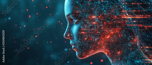 Robot head profile glowing with circuits, futuristic cybernetic intelligence, modern tech design, advanced robot features, digital art, abstract futuristic concept