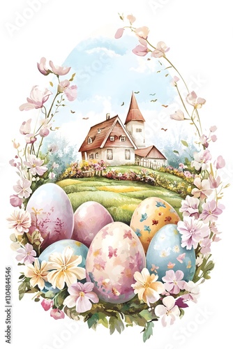 Colorful Easter eggs and a charming cottage surrounded by blossoms in a serene landscape