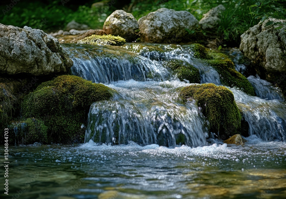 Fototapeta premium Clear Water Cascading Over Mossy Rocks in a Serene Forest Landscape with Sunlight Filtering Through the Trees