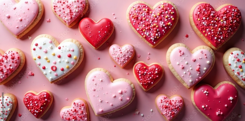Fototapeta premium Assorted heart-shaped cookies with colorful icing, sprinkles, and patterns for Valentine's Day, Valentine's Day, heart-shaped