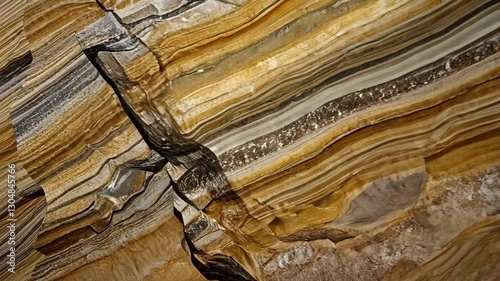 Layered onyx mineral displaying horizontal bands of brown, orange, white, featuring embedded microscopic crystal formations across intricate geological stratification