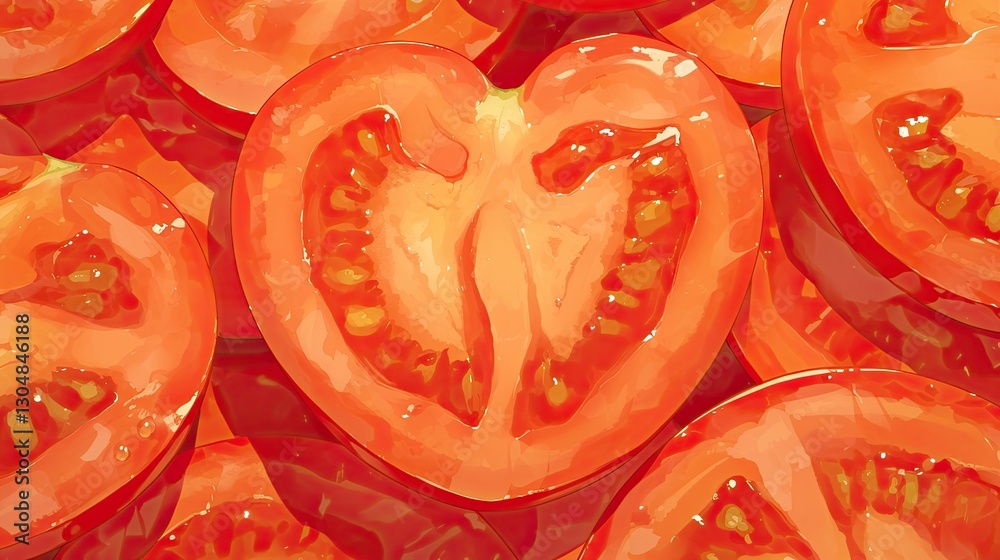 Freshly sliced tomatoes arranged artistically in a heart shape, vibrant and appetizing. Freshly sliced tomatoes arranged artistically in a heart shape, vibrant and appetizing.