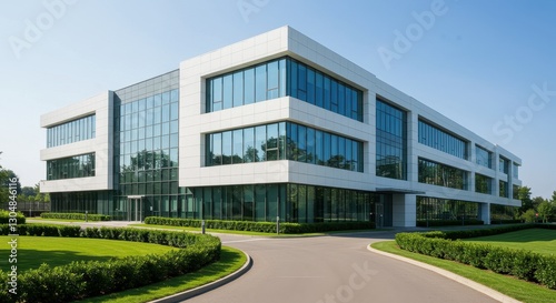 A sleek ultra modern corporate office building with a white facade and expansive glass windows reflecting the clear blue sky
