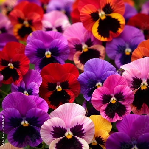Close-up of a bed of purple, red, and yellow pansy flowers in full bloom, garden, beauty