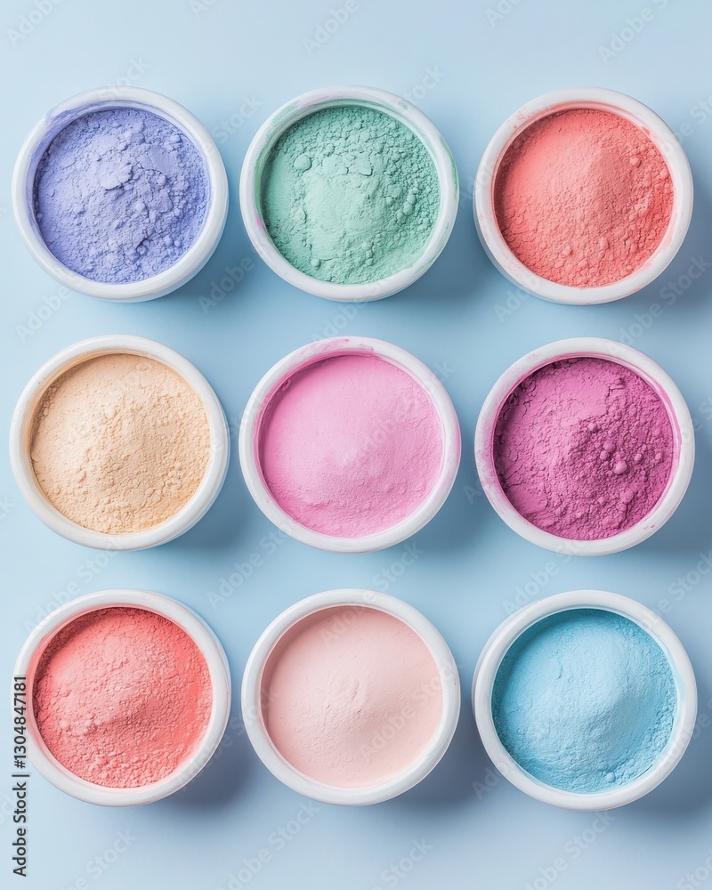 Pastel Powder Pigments in White Bowls on Blue Background Pastel Powder Pigments in White Bowls on Blue Background