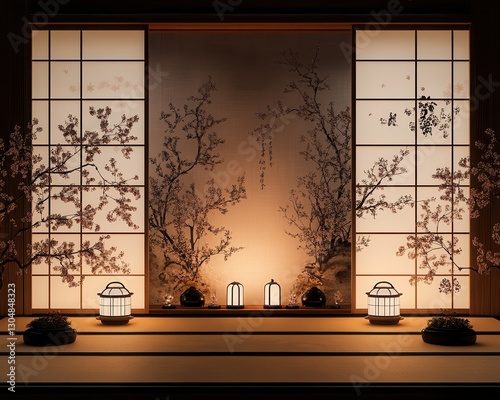 Serene Japanese Room Interior at Night with Warm Lighting and Cherry Blossom Decor