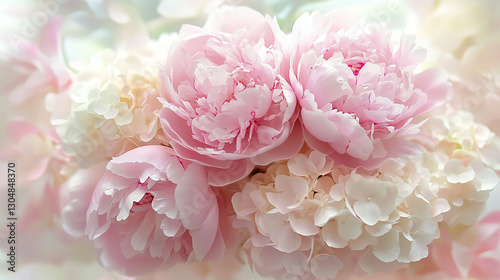 Fototapeta Naklejka Na Ścianę i Meble -  Soft pastel bouquet with pink peonies and hydrangeas