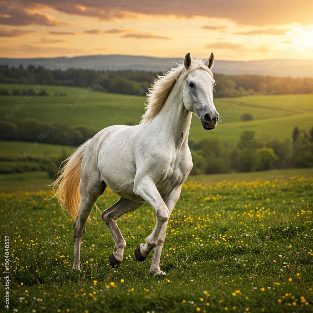 White Horse Running Freely Through a Meadow at Sunset, Golden Hour Natural Light Photography White Horse Running Freely Through a Meadow at Sunset, Golden Hour Natural Light Photography