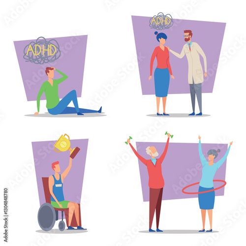 Four scenarios representing ADHD. Individuals engaged in different activities, emphasizing support, achievement, and empowerment while managing ADHD