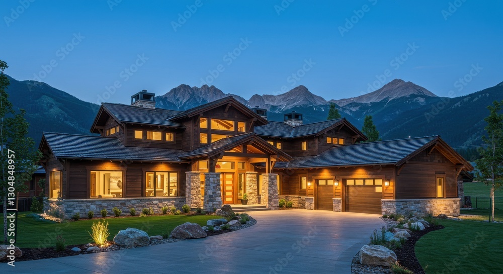 Fototapeta premium A luxurious modern mountain mansion with a striking dark wood and stone exterior large glass windows and a landscaped front yard