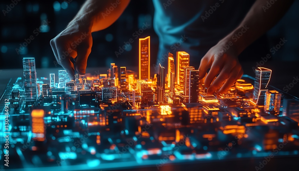 Obraz premium Intense focus on a man designing a futuristic city model