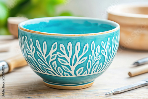 Wallpaper Mural artisan painting a turquoise ceramic bowl with coral patterns, on a wooden workbench with tools scattered around. Torontodigital.ca
