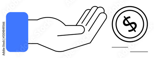 Outstretched hand reaching toward a moving dollar coin, suggesting giving, donation, support, fundraising, charity, financial help, and wealth distribution. Ideal for flat simple metaphor