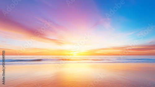 stunning sunset over tranquil beach, showcasing vibrant colors in sky and reflections on water. scene evokes sense of peace and serenity