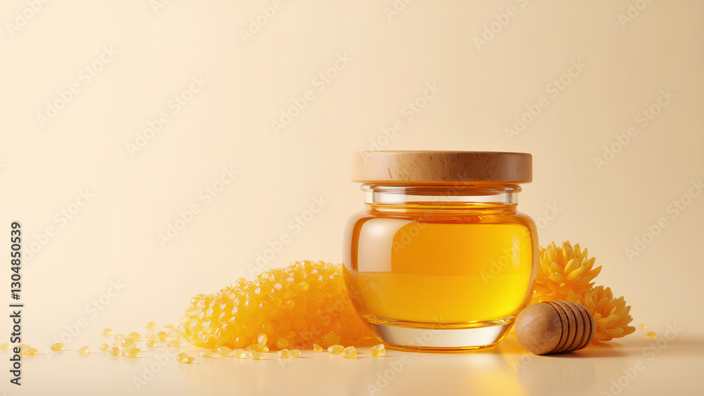 A jar of golden honey sits beside honeycomb and a wooden dipper, set against a soft, warm yellow background, showcasing natural sweetness and richness. A jar of golden honey sits beside honeycomb and a wooden dipper, set against a soft, warm yellow background, showcasing natural sweetness and richness.