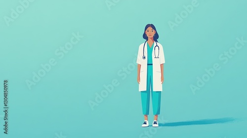 Doctor standing, teal background, professional, healthcare photo