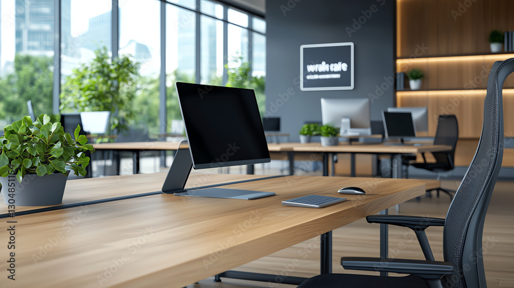 custom made wallpaper toronto digitalModern open space office with gray and blue color scheme, featuring sleek desk, computer, and plants. atmosphere is bright and inviting, perfect for productivity