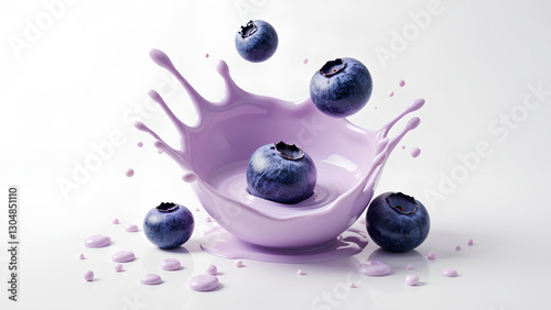 A splash of purple liquid with blueberries suspended in mid-air, creating a dynamic and vibrant visual effect.