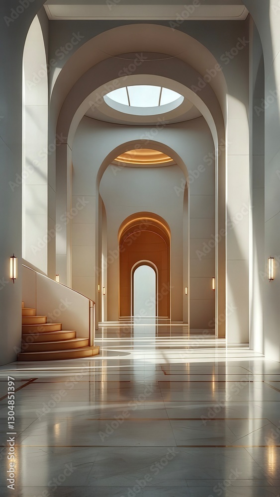 Fototapeta premium Sunlight illuminates the elegant interior of a modern building featuring a marble floor, arches, a staircase, and a circular skylight, creating a luxurious ambiance