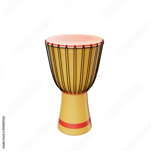 This image is a stylized 3D render of a vibrant yellow drum with red and black accents. photo