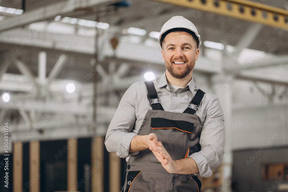 Smiling engineer clapping hands in modular building factory Smiling engineer clapping hands in modular building factory