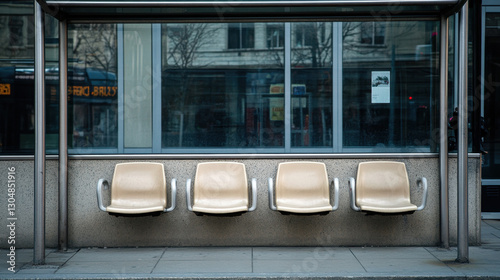 Three vacant seats at an empty bus stop stand ready for passengers on a calm city street during the day