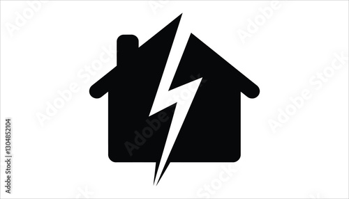 Black House with Lightning Bolt Icon. Power Outage, Electrical Hazard, Storm Damage Symbol Vector.