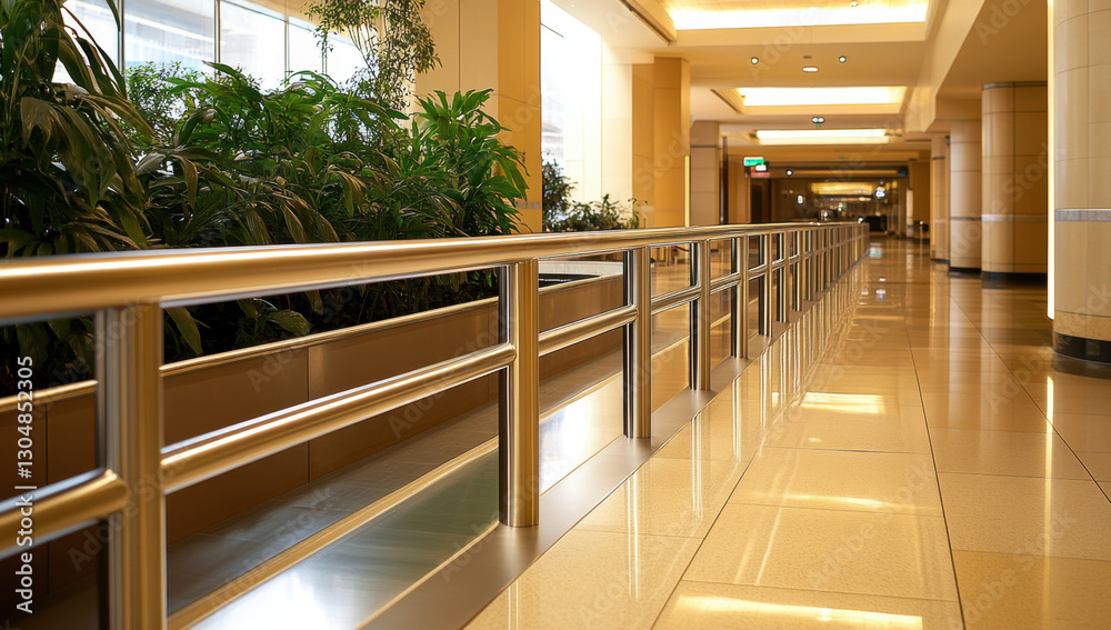 Fototapeta premium Indoor sidewalk features a stainless steel handrail, guiding visitors past vibrant plants in a contemporary setting