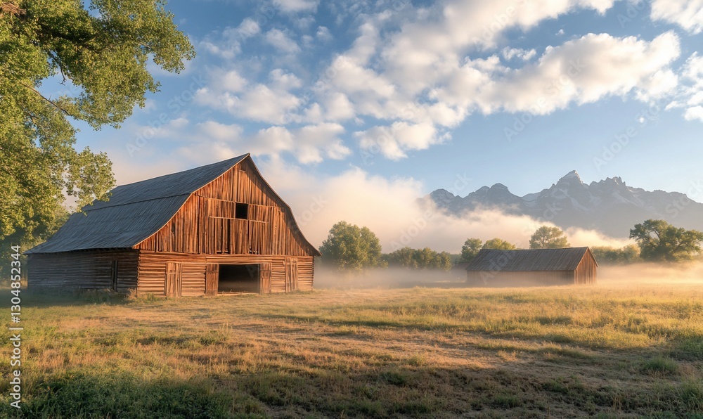 Sunrise Foggy Field with Rustic Barns and Mountains Sunrise Foggy Field with Rustic Barns and Mountains