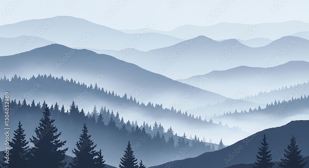 Obraz premium Watercolor foggy mountains, individual hills and trees, a wild nature scene with a forest, and a mountain range with towering peaks against the blue sky