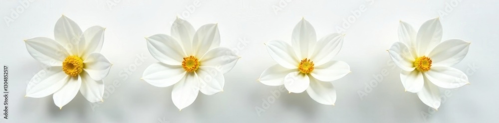 Fototapeta premium Four pristine white blooms, minimalist arrangement , wedding, bright background