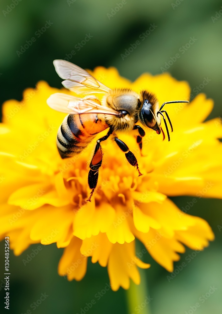 Bee pollinates a yellow flower in a garden, creating honey and natural sweetness Bee pollinates a yellow flower in a garden, creating honey and natural sweetness