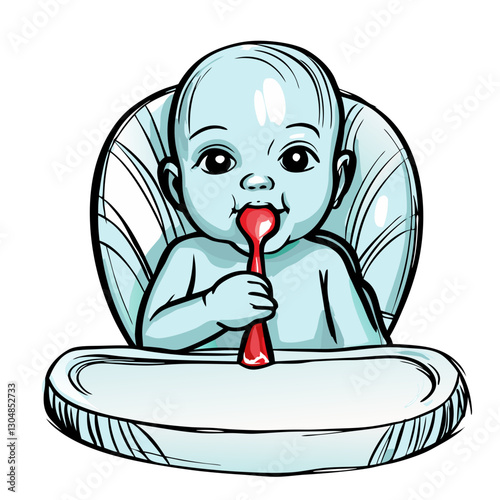 Baby sitting in high chair eating with spoon in cartoon style