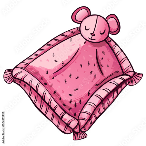 Pink plush baby security blanket with bear head in cartoon style