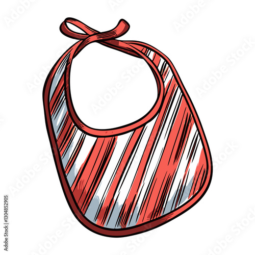 Red and white striped baby bib in cartoon style