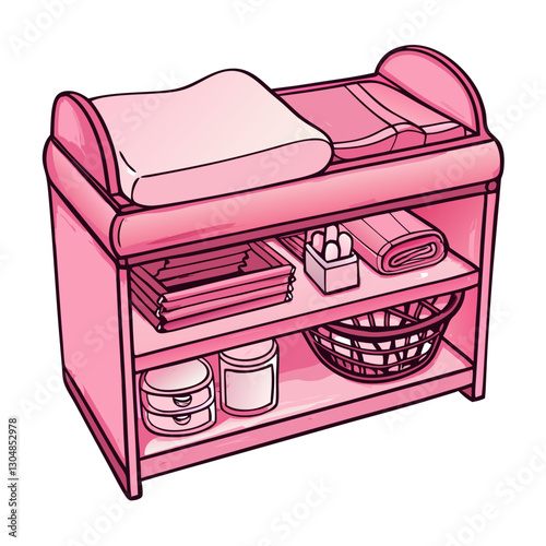 Pink baby changing table with storage shelves in cartoon style