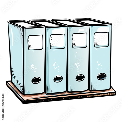 Set of four office binders on a wooden shelf in cartoon style