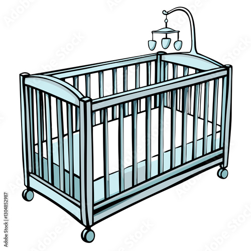 Wooden baby crib with mobile in cartoon style